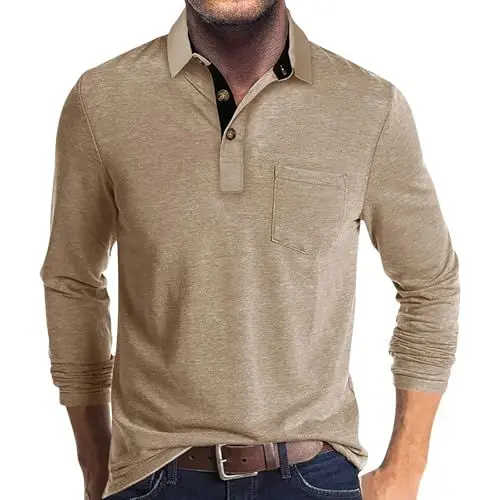 Produktbild: Poloshirt Herren Mit Brusttasche Rugby Shirt Langarm Schlafanzug Oberteil Bonding Shirt Männer Business Tshirt Longshirt Beige XL