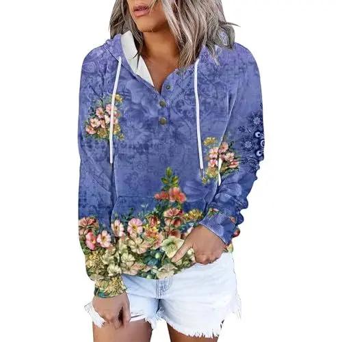 Produktbild: Weisse Sweatjacke Damen Vliesjacke Damen Einfarbiges, langärmeliges, lässiges Kapuzen-Sweatshirt für Damen mit weiblichen Knopfleisten und Kordelzugtaschen Sweatweste Damen Cutecore Clothes (Blue, L)