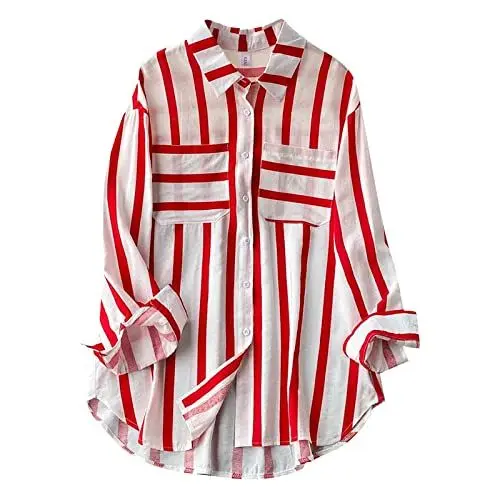 Produktbild: Weißes Oberteil Damen Elegant,Leinenbluse+Damen Blusen Damen Langarm Baumwolle Karierte Bluse Damen Lang - Leinenhemd Damen Knopfleiste Hemd Casual Lose Herbst Leinenbluse Longbluse Blusensh