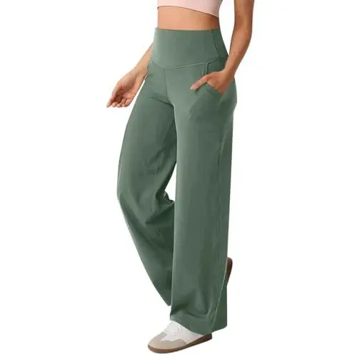 Produktbild: Weite Hose Damen Risse Bein und Taschen, Stretch-Hose mit geradem Bein, Anzughose, Bauchweg-Leggings, Sporthose (Green, M)