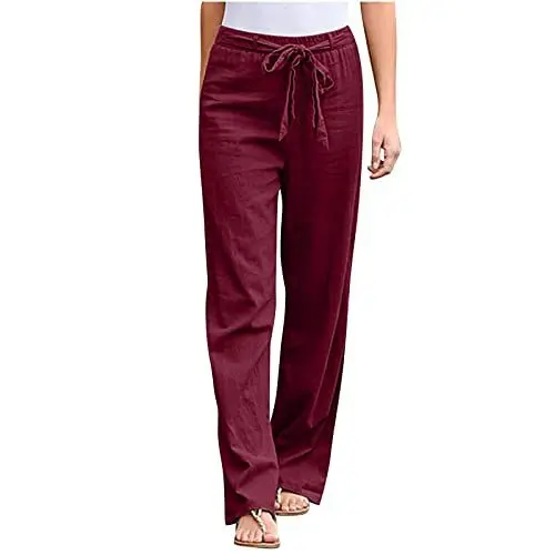 Produktbild: Weite Hosen Damen High Waist Women Pants Damenhose mit hoher Taille und weitem Bein Lässige elastische Hose mit Kordelzug Bequeme Lange Hose mit geradem Bein Men and Womens Loungewear Boho (Wine, XL)