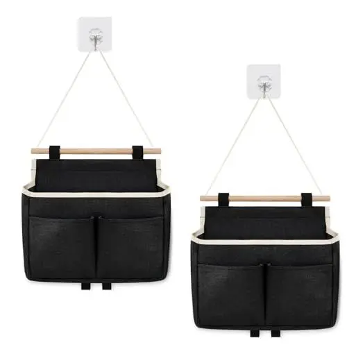 Produktbild: Wekuw 2 Stück Hängeorganizer Tür, Hängender Organizer mit 3 Taschen Faltbares Leinen Stoff Wandorganizer Hohe Kapazität Zusammenbaubar, für Home,Office,Bad,Diele,Kinderzimmer (Schwarz)