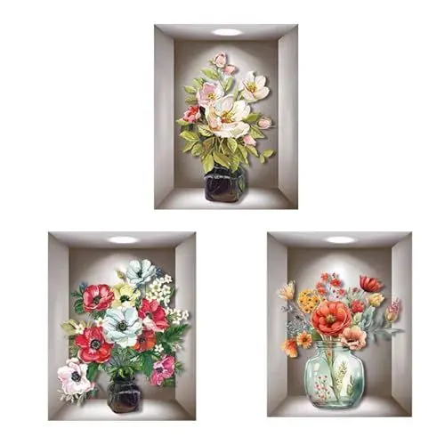 Produktbild: Wekuw 3 Stücke 3D Wandtattoo Wandaufkleber Wall Stickers Wohnzimmer Vase Wandaufkleber Wanddeko Grün Wandbilder Geeignet zum Verschönern und Dekorieren von Wohn, Arbeits und Schlafzimmern
