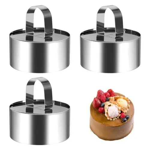 Produktbild: Wekuw Dessertringe und Speiseringe, 3 Stücke Edelstahl Servierringe Backring Lebensmittel Ringe Mousseringe Tortenring Kuchen Schimmel mit Deckel, für Desserts, Kuchen, DIY, Ø 8 cm (Runde)