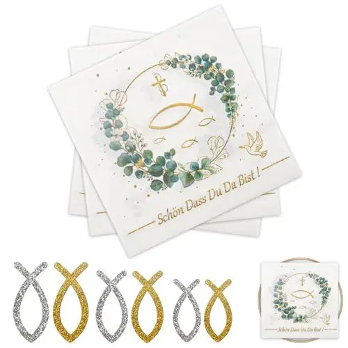 Produktbild: Wekuw Kommunion Deko Set - 40 Servietten, 60 Holzfische, Eukalyptus Grün Tischdeko, Fisch Streudeko für Kommunion, Konfirmation, Taufe