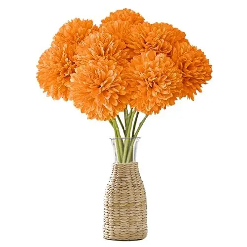 Produktbild: Wekuw Kunstblumen, 12 Stück Künstliche Hortensie Blumen Seide Pompon Chrysantheme Kugel Blumen Deco Hortensien Künstliche Pflanzen Unechte Blumen, für Hochzeits Deco, Heimdeko, Büro (Orange)