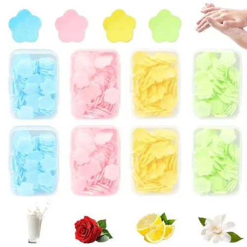Produktbild: Wekuw Seife Papier Seifenblätter, 8 Boxen Kartons Mini Seife Papier Papierseife Blütenblätter Einweg Papier Seife Paper Soap Sterilisierbar mit Kun Ststoffbox, für Outdoor, Camping, Reisen (4 Farben)