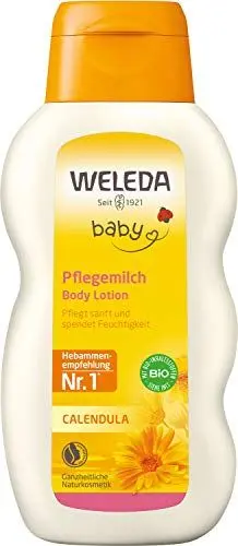 Produktbild: WELEDA Bio Baby Calendula Pflegemilch - Naturkosmetik Bodylotion mit Mandelöl & Bienenwachs zur Pflege & Reinigung von trockener Baby Haut. Milde Hautpflege Lotion für Babys und Kinder (1x 200ml)