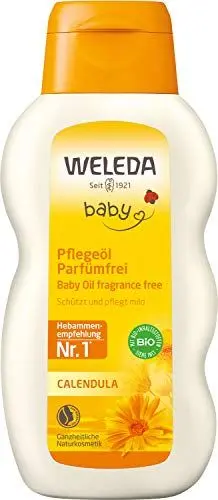 Produktbild: WELEDA Bio Baby Calendula Pflegeöl parfümfrei - veganes Naturkosmetik Babyöl mit Sesamöl zur Pflege & Massage von Babys. Körperöl zum Schutz vor Hautreizungen, Wundwerden & trockener Haut (1x200ml)