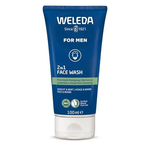 Produktbild: WELEDA Bio FOR MEN 2in1 Face Wash – erfrischendes Naturkosmetik Männer Gesichtsreinigung/Bartpflege Waschgel mit Weidenrinde & Süßholzwurzel. Herren Reinigungsgel für Gesicht & Bart (vegan / 100ml)