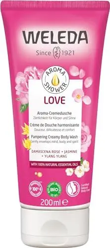 Produktbild: WELEDA Bio Love Duschgel vegan - Naturkosmetik Aroma Shower Duschseife für Frauen & Männer mit Rose, Jasmin & Ylang Duft, Natürliche Hautpflege Dusche zur Reinigung von Gesicht & Körper (1x 200ml)