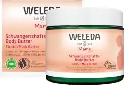 Produktbild: WELEDA Bio Mama Schwangerschaft Body Butter – vegane Naturkosmetik Babybauch Massage Körperbutter zur Dehnungsstreifen Vorbeugung. Hautpflege Körpercreme mit Sheabutter & Kakaobutter (1x 150ml)