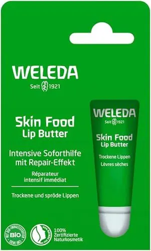 Produktbild: WELEDA Bio Skin Food Lip Butter Lippenpflege - Naturkosmetik Pflege Lippenbalsam Soforthilfe für spröde & trockene Lippen. Nachhaltiger Lippenstift mit Bienenwachs, Lanolin & Sonnenblumen Öl (1x 8ml)