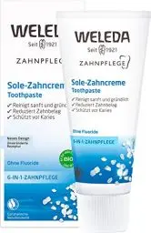 Produktbild: WELEDA Bio Sole Zahnpasta - fluoridfreie Naturkosmetik Zahncreme mit Meersalz zur natürlichen Zahnpflege. Sanfte Zahnreinigung mit Pfefferminzöl schützt Zähne vor Karies & Zahnstein (vegan / 75ml)