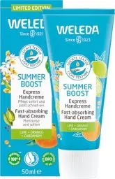 Produktbild: WELEDA Bio Summer Boost Express Handcreme - Limited Edition Naturkosmetik Handpflege Creme mit Sesamöl & Bienenwachs. Handlotion mit Duft nach Limette, Orange & Kardamom für trockene Hände (1x 50ml)