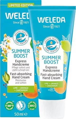 Produktbild: WELEDA Bio Summer Boost Express Handcreme - Limited Edition Naturkosmetik Handpflege Creme mit Sesamöl & Bienenwachs. Handlotion mit Duft nach Limette, Orange & Kardamom für trockene Hände (1x 50ml)