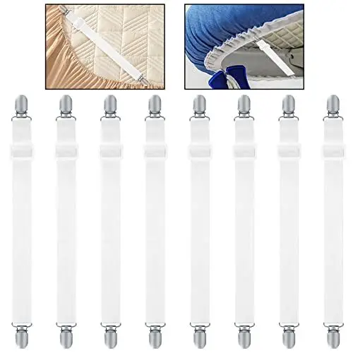 Produktbild: WELHAEPI 8 Stück Verstellbare Bettlakenspanner, Elastische Betttuchspanner, Matratzenspanner, Lakenspanner mit Metallclips, für Bettlaken, Matratze, Bügelbrett, Sofa - Weiß