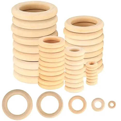 Produktbild: WELHAEPI 90 Stück Holzringe zum Basteln, Holz Ringe Natur, für DIY Handwerk Ring Anhänger Anschlussstück Schmuck Machen Spielzeug Serviettenringe, Holzkranz, Bastelring - 15mm, 25mm, 35mm, 45mm, 55mm
