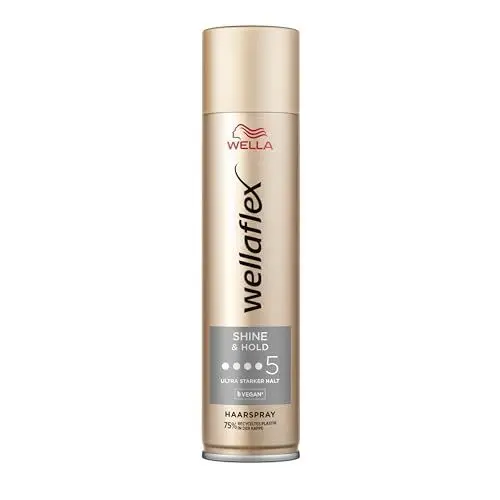 Produktbild: Wellaflex Shine & Hold Haarspray für Frauen | Bis zu 48 Std. ultra starker Halt | Für luxuriösen, natürlichen Glanz | Sanft zur Kopfhaut, dermatologisch getestet | Vegane Formel | Haltegrad 5 | 250ml