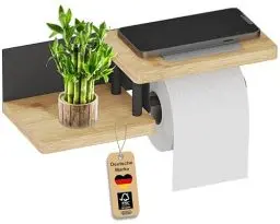 Produktbild: welldoo® Toilettenpapierhalter doppelte Ablage Bambus | ohne Bohren Klorollenhalter Holz | FSC Zertifiziert | Klopapierhalter schwarz Kleben oder Bohren