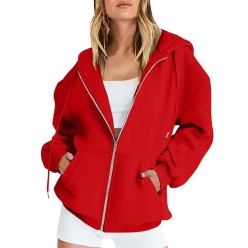 Produktbild: wellensteyn Jacke Damen Sweatjacke Damen Zipper Hoodie Kapuzenjacke Langarm Sweatshirt Sport Style Casual Kapuzenpullover Mit Reißverschluss,Red,L