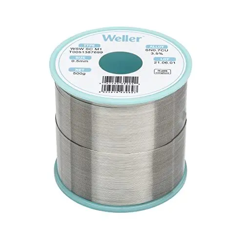 Produktbild: Weller WSW SC M1 (T0051387699) Bleifreier Lötdraht, Ø 0,5 mm, Legierung Sn99,3Cu0,7, Flussmittelgehalt 3,5%, 500 g