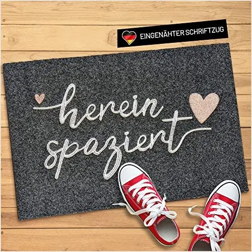 Produktbild: WELLMODA® Fußmatte Hereinspaziert I Inkl. genähter Schriftzug I Waschmaschinen geeignet & rutschfest I Fussmatte für außen & innen I Fußabtreter 40x60 cm