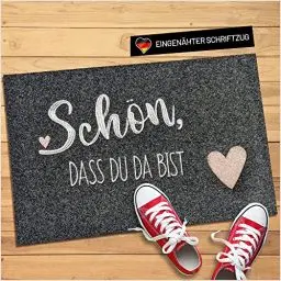 Produktbild: WELLMODA® Fußmatte Schön, DASS du da bist I Inkl. genähter Schriftzug I Waschmaschinen geeignet & rutschfest I Fussmatte für außen & innen I Fußabtreter 40x60 cm
