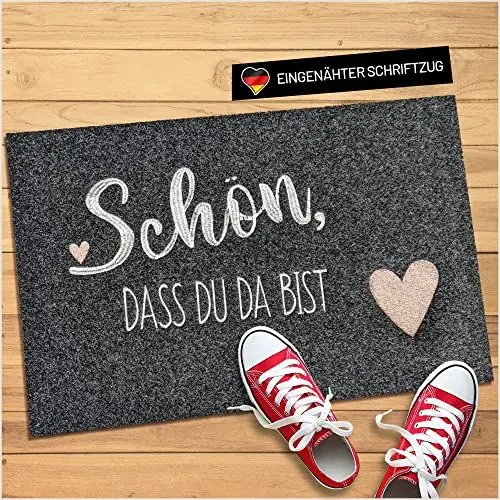 Produktbild: WELLMODA® Fußmatte Schön, DASS du da bist I Inkl. genähter Schriftzug I Waschmaschinen geeignet & rutschfest I Fussmatte für außen & innen I Fußabtreter 40x60 cm