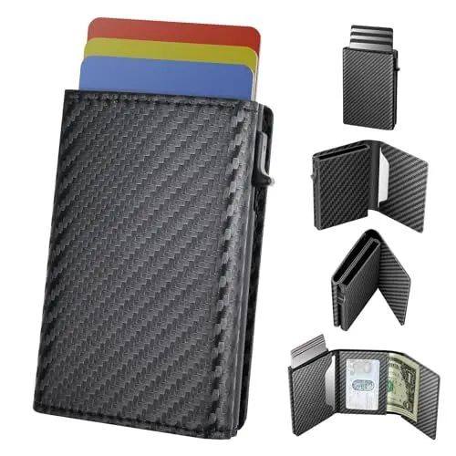 Produktbild: WELLNEC Kartenetui Geldbörse Kreditkartenetui Wallet Herren - Pop up Kartenetui RFID Schutz 6-11 Karten Slim Lockcard Wallet mit Münzfach aus Kohlefaser Alumini Mini Geldbörse Herren Klein