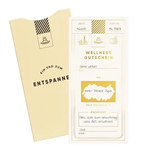 Produktbild: Wellness Gutschein mit Rubbelaufkleber & Kuvert - Wellness Gutschein - Einzigartige Wellness, Massage & Spa Gutschein Geschenk Verpackung - Gutschein Karte für Besuch in Therme zum freirubbeln