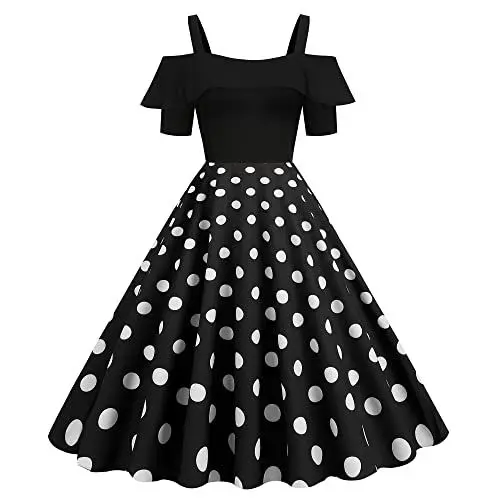 Produktbild: Wellwits Damen Schwarzer Oberteil Rote Polka Punkte Feier Retro 1950er Kleid S