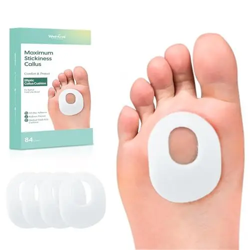 Produktbild: Welnove 84 Stück Hornhautpolster, selbstklebende Hühneraugenschutz, lindert Schmerzen bei Hornhaut, Hühneraugen, Blasen, Fersenreibungen, selbstklebende Kissen – Weiß