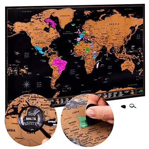 Produktbild: Scratch Off Weltkarte, groß, zum Markieren bereister Länder – Ultra Detaillierte Karte mit allen US-Staaten – Zubehör-Kit und Geschenk-Rohr – 70 x 42 cm – hochwertiges Kartographisches