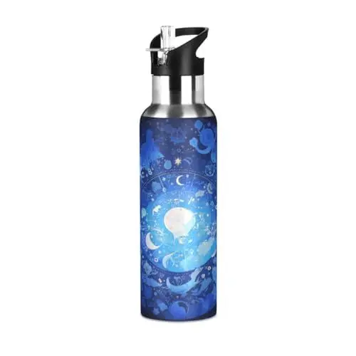 Produktbild: Weltraum Tierkreis Stern Blau Trinkflasche Wasserflasche mit Strohhalm, Thermosflasche Vakuumisolierte aus Edelstahl 18/8, BPA-frei für Kinder Sport Wandern Schule (600ml/1L)