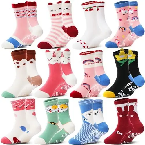 Produktbild: Welwoos Stoppersocken Kinder Baby Mädchen Lustige Socken Antirutschsocken Kinder Anti Rutsch Rutschfeste Geschenk Baumwolle Socken für Kinder Mädchen Kleinkind 12 Paare(Cartoon,24-26)