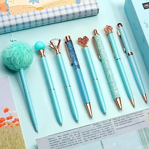 Produktbild: WEMATE 8-teiliges Kugelschreiber-Set, Kugelschreiber Bling für Frauen, Stifte für Mädchen, Kugelschreiber mit schwarzer und blauer Tinte, Geschenke für Hochzeit, Brautjungfer, Büro, Blau