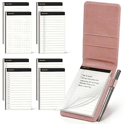 Produktbild: WEMATE Notizblockhalter aus PU-Leder – Mini-Notizblöcke mit 8 Minen und Metall-Kugelschreiber für Meetings, tägliche Aufzeichnungen und Notizen Roségold