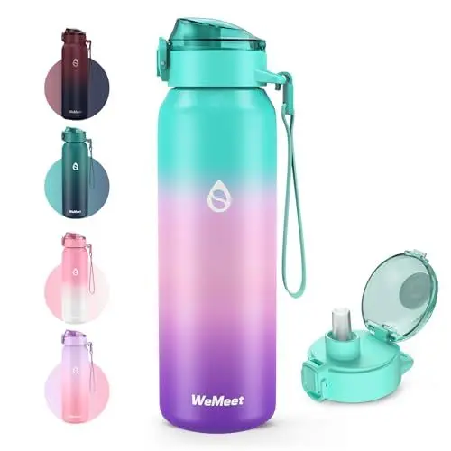 Produktbild: WEMEET Trinkflaschen Edelstahl 500ML mit Abnehmbare Strohhalm, (18/10 Edelstahl) Wasserflasche mit Removable Gurte Auslaufsicher Doppelwandig Tritan Deckel für Fahrrad, Outdoor, Schule, Gym