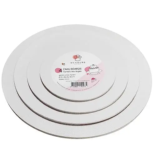 Produktbild: Wenburg Premium Cake Board Set - 4 Rund Tortenunterlagen - 3mm, Gold & Silver - beidseitig verwendbar - Tortenplatte Pappe | Tortenteller
