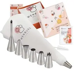 Produktbild: Wenburg Spritzbeutel mit Tüllen Profi, 7 Große Spritztüllen - Baumwolle Spritztüte 35 cm - Adapter, Professionelle Edelstahl Aufsätze für Kuchen, Torten, Keksen-Dekoration Geschenk-Edition (Premium)