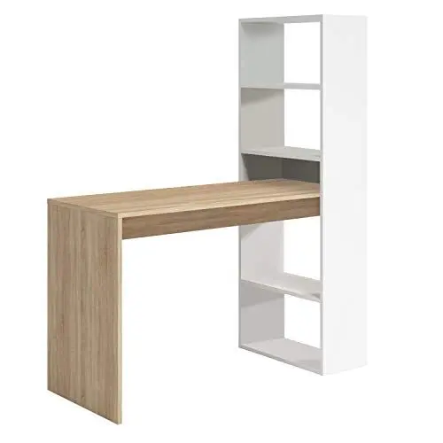 Produktbild: Wendbarer Schreibtisch mit Bücherregal mit fünf Regalen, Farbe Weiß und Eiche, Maße 120 x 144 x 53 cm