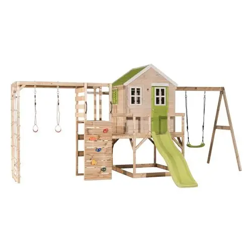 Produktbild: Wendi Toys M24L-G Kinderspielhaus Outdoor mit Rutsche, Schaukel & Kletterwand, 342 x 508 x 242 cm, Grün – Holz Stelzenhaus für Kinder, Outdoor-Klettergerüst, Stelzenhaus Kinder Outdoor