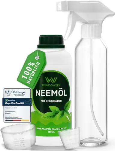 Produktbild: WENDOWERK® Neemöl (250ml) - Inkl. Sprühflasche und Messbecher - Neemöl mit Emulgator zur direkten Anwendung - Niemöl zur natürlichen Pflanzenpflege für Indoor und Outdoor