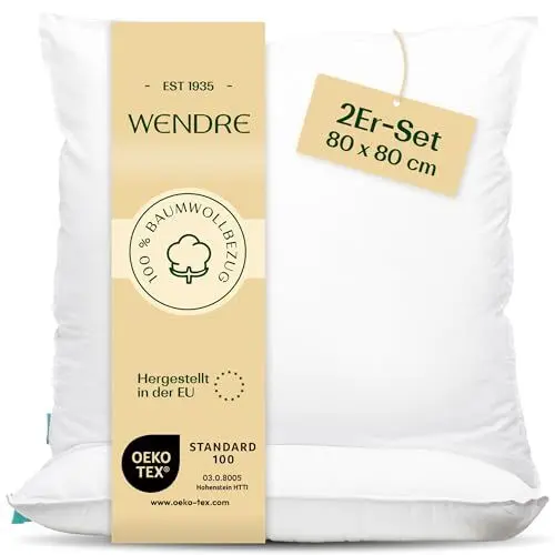 Produktbild: WENDRE Schlaf Atmungsaktives Kissen Set 2er 80x80 cm - Weich, 100% Baumwolle Kissenbezug, Waschbarer - Luxus Bequeme Kopfkissen für das Bett - Langlebige, Hypoallergene Kissen, Oeko-Tex Zertifiziert