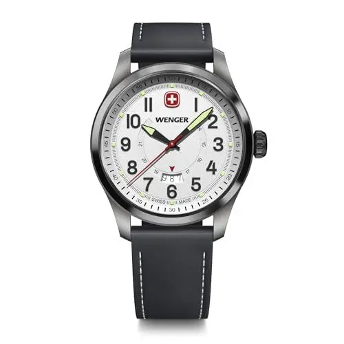 Produktbild: WENGER Herren Armbanduhr Terragraph, Ø 43 mm, Swiss Made, Analog Quarz, Wasserdicht bis 100 m, Leder-Armband, Schwarz/Weiß, 01.0541.126