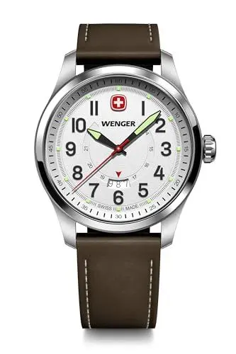 Produktbild: WENGER Herren Armbanduhr Terragraph, Ø 43 mm, Swiss Made, Analog Quarz, Wasserdicht bis 100 m, Leder-Armband, Weiß/Braun, 01.0541.120
