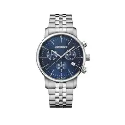 Produktbild: WENGER Herren Armbanduhr Urban Classic Chronograph Ø 44 mm, Swiss Made, Analog Quarz, Wasserdicht bis 100 m, Edelstahl-Armband, Blau/Silber, 01.1743.105