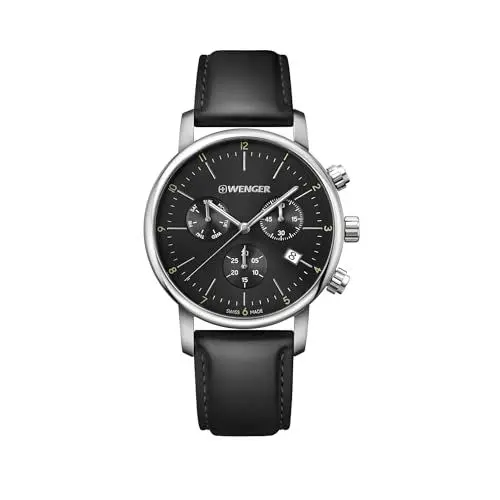 Produktbild: WENGER Herren Armbanduhr Urban Classic Chronograph Ø 44 mm, Swiss Made, Analog Quarz, Wasserdicht bis 100 m, Leder-Armband, Schwarz, 01.1743.102