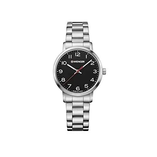 Produktbild: WENGER Unisex Armbanduhr Avenue Ø 35 mm, Swiss Made, Analog Quarz, Wasserdicht bis 100 m, Edelstahl-Armband, Schwarz/Silber, 01.1621.102